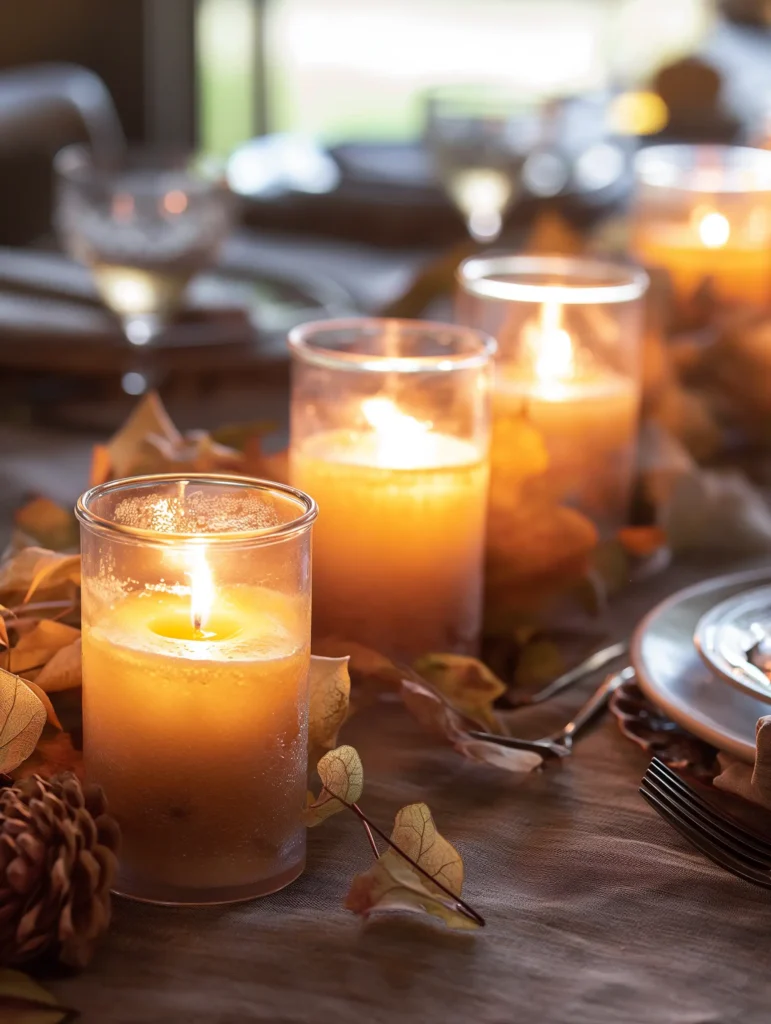 Warm votive candles nestled among autumnal table decor, casting a soft glow.