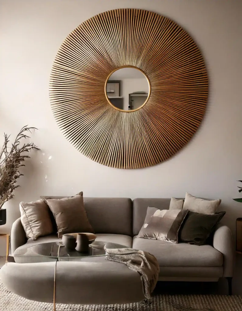 A modern round wall mirror positioned above a sofa, creating a stunning focal point and enhancing the room's decor.