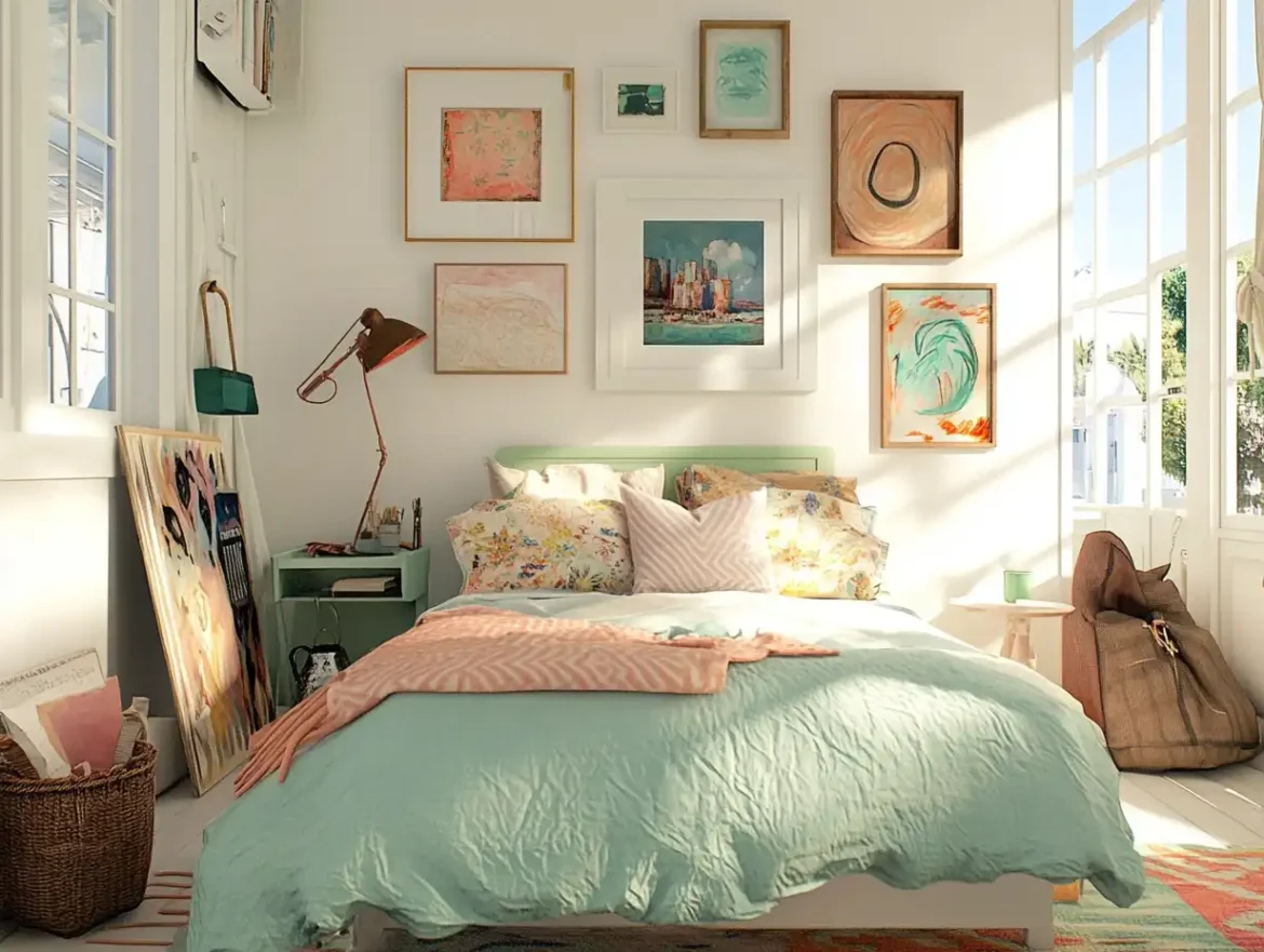 Creative Bedroom Wall Art Ideas A vibrant bedroom showcasing unconventional wall art ideas, including abstract paintings and unique wall hangings, creating an inviting and playful atmosphere for personal expression.
