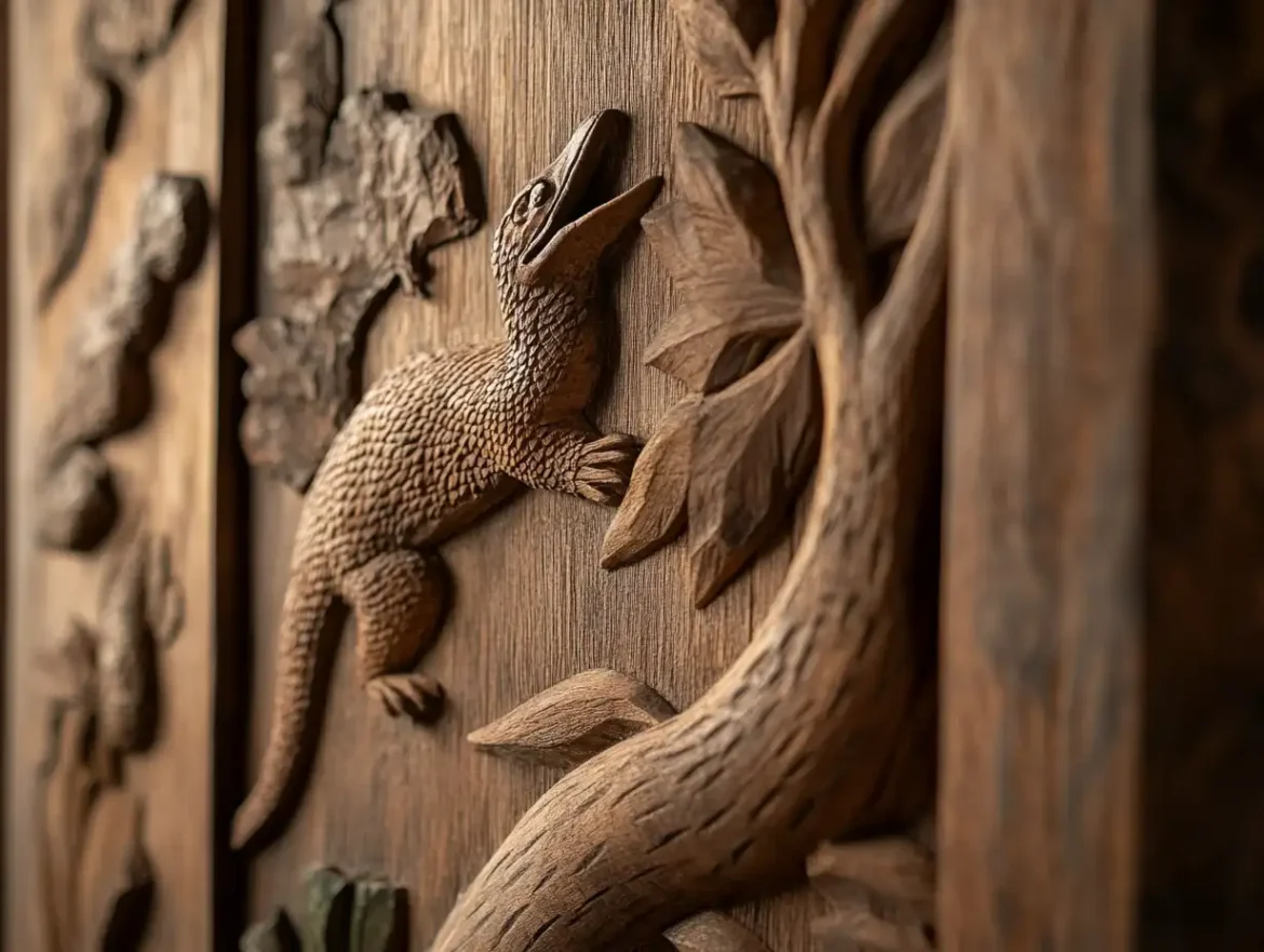 Intricate Handcrafted Wood Wall Art Close-up of handcrafted wood wall art showcasing intricate details and textures, set against a rustic interior with warm lighting, illustrating the allure of natural materials in home decor.