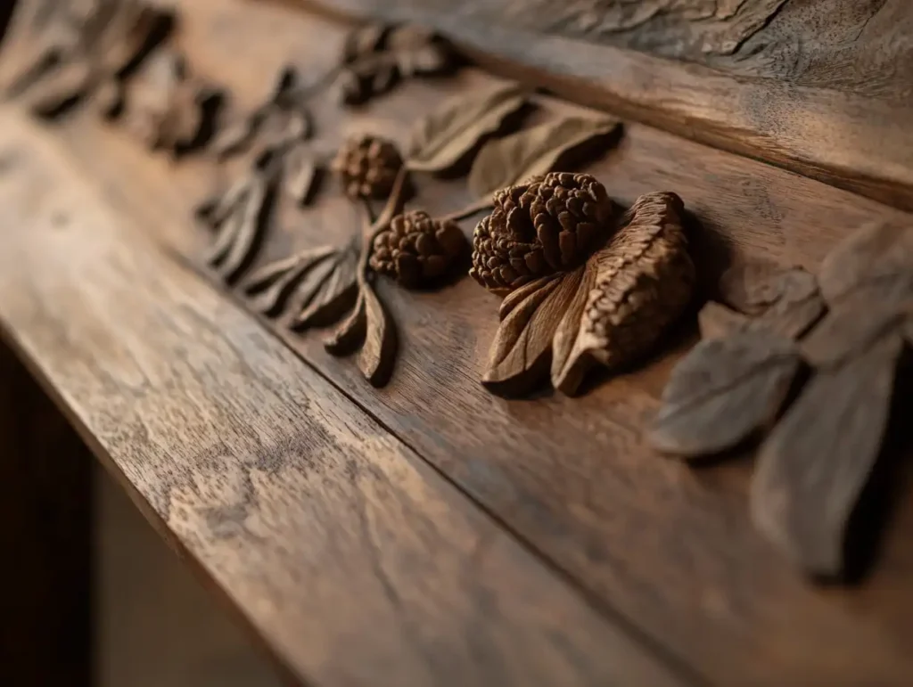  A close-up of beautifully handcrafted wood wall art, highlighting intricate details and textures. The background features a rustic interior with warm lighting, emphasizing the natural beauty of the wood.