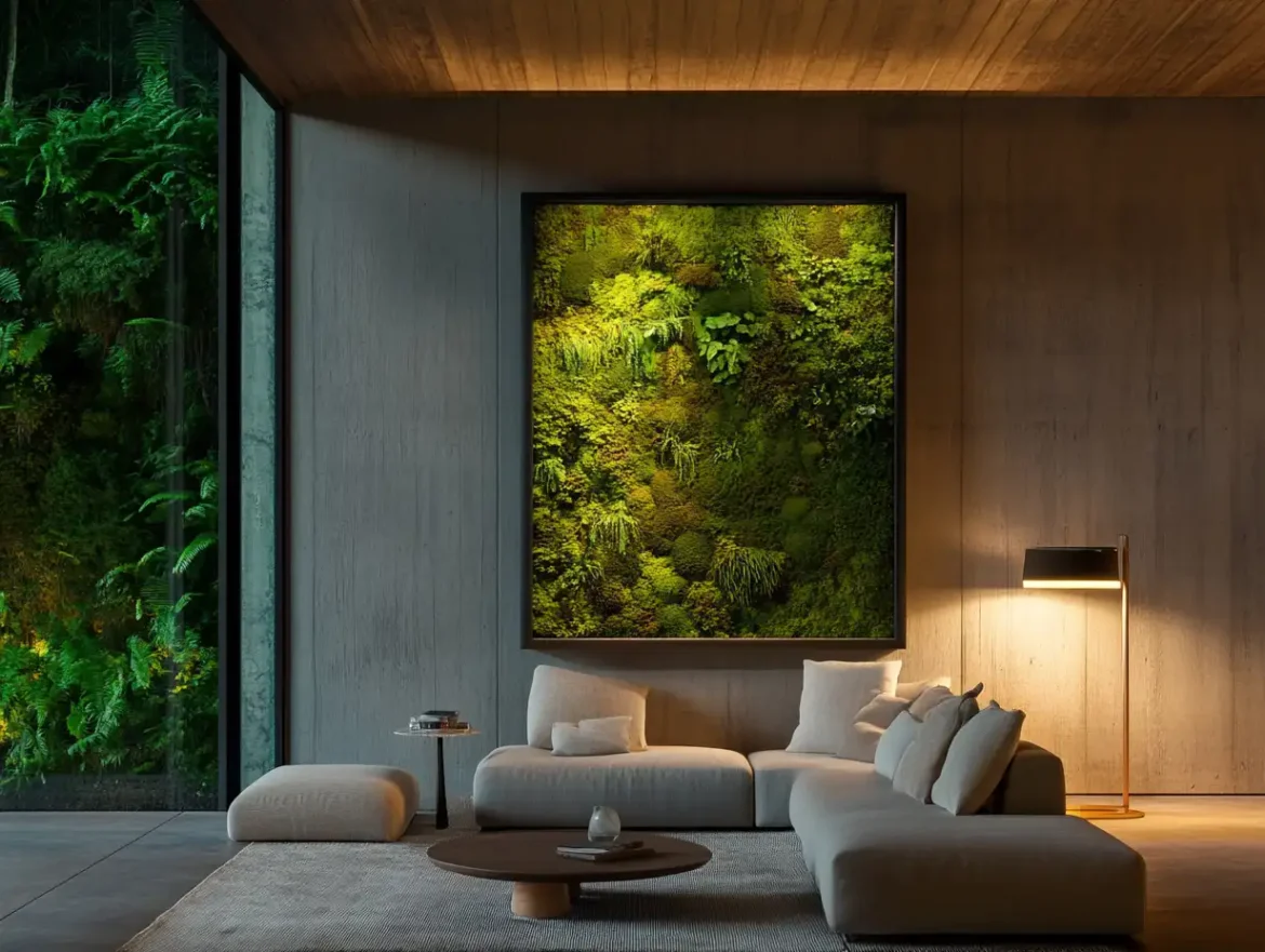 Lush Moss Wall Art in Modern Living Room A modern living room featuring a large, vibrant moss wall art piece, surrounded by contemporary furniture and soft ambient lighting, showcasing the allure of nature-inspired decor.