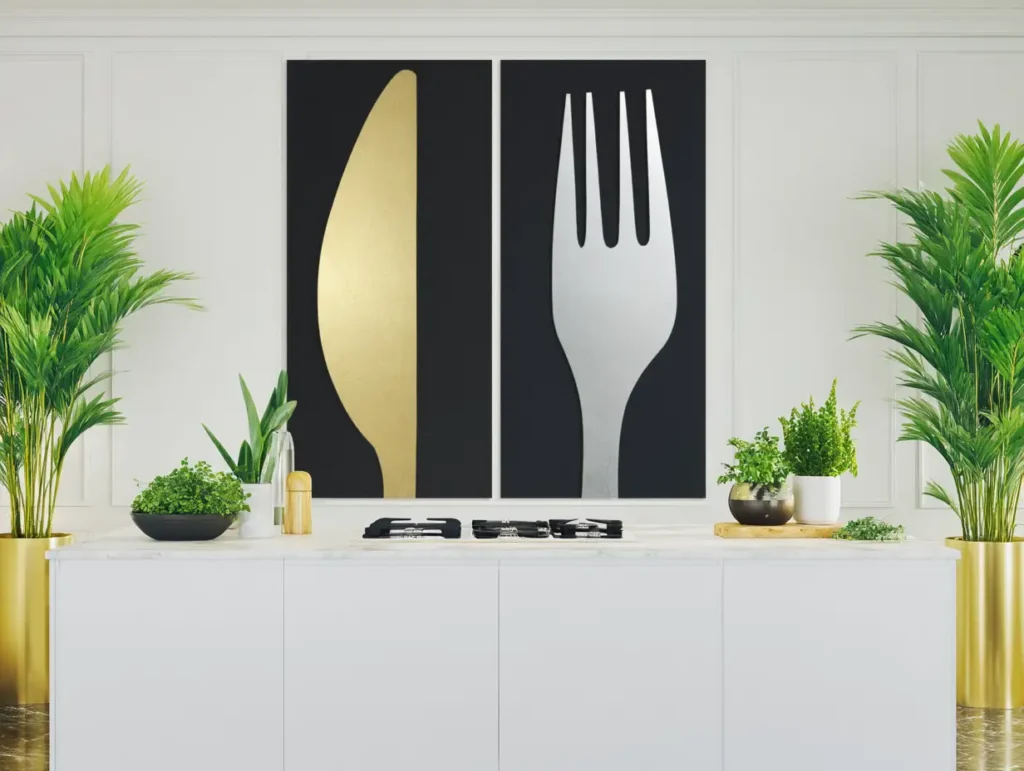 A stylish modern kitchen featuring stainless steel fork and spoon wall decor against bright white walls.