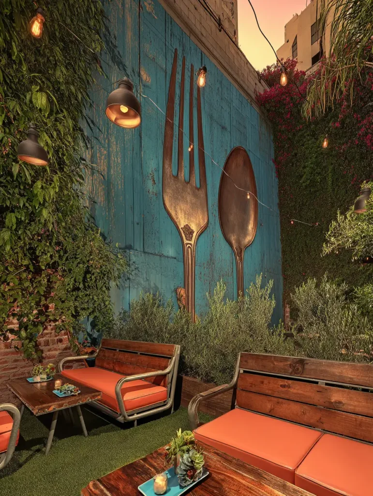 A beautiful outdoor patio featuring large metal fork and spoon wall decor, perfect for al fresco dining.