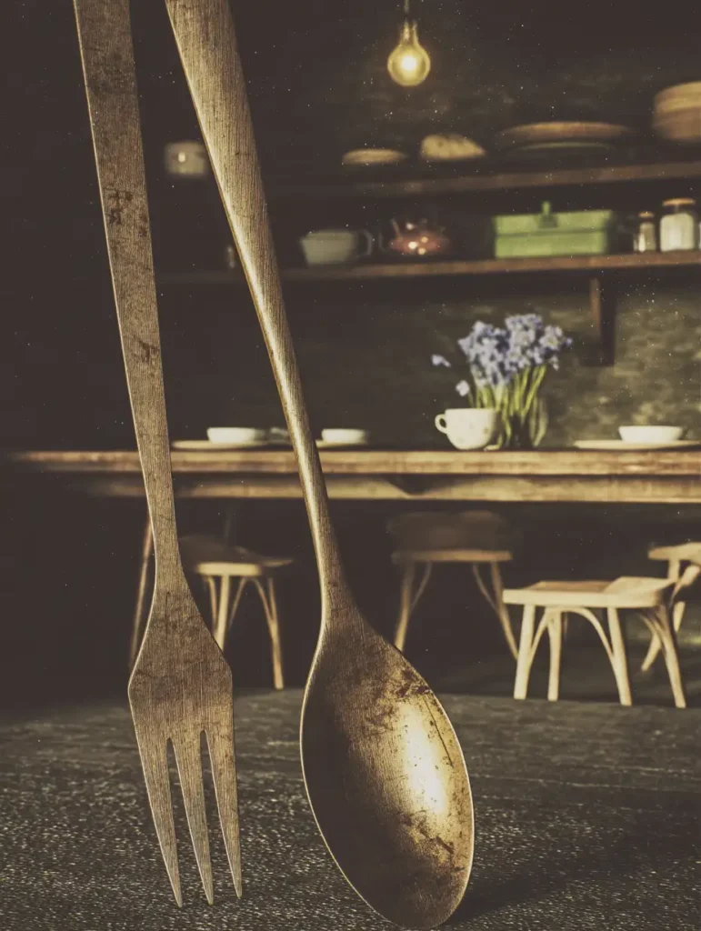 A rustic kitchen showcasing a large distressed wooden fork and spoon wall decor, enhancing the cozy ambiance.