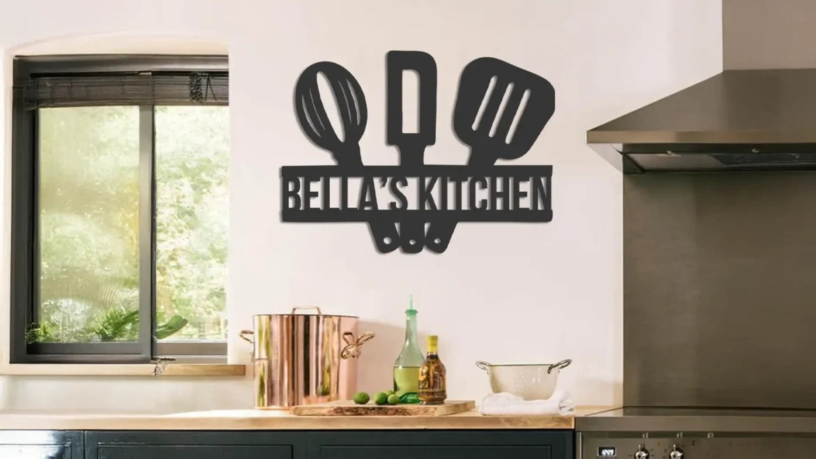 kitchen wall decor 2 A charming kitchen adorned with large wooden fork and spoon wall decor, creating a warm and inviting atmosphere.